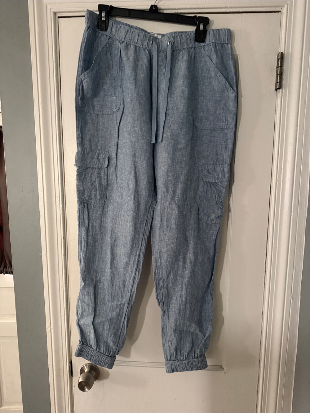 Women’s Nicole Miller Light Blue Linen Drawstring Cargo Jogger Pants